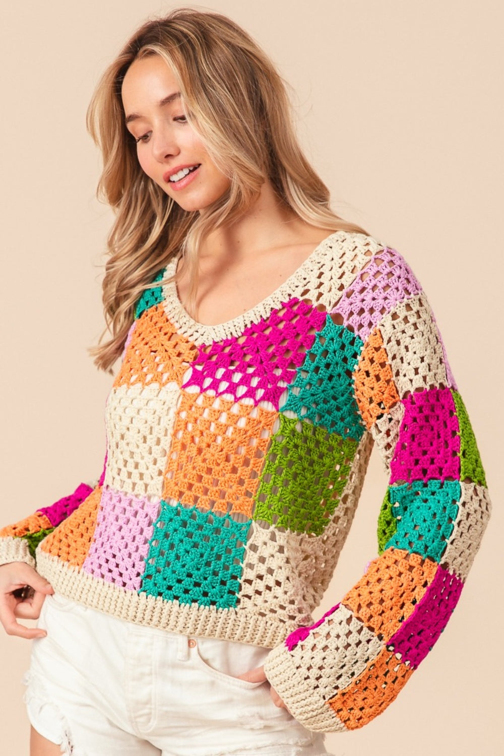 BiBi Multi Color Checkered Long Sleeve Knit Top Shirt Apparel BiBi Clothing Tops Ship from USA Shirts USA Women Trendsi https://www.cyberehub.com