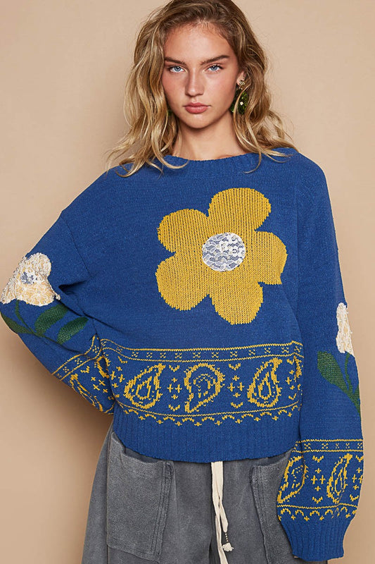 POL Flower Lace Patch Long Sleeve Sweater Blue Tops/Jackets/Sweaters Clothing Tops POL Ship from USA TikTok Trendsi USPS Walmart Trendsi https://www.cyberehub.com