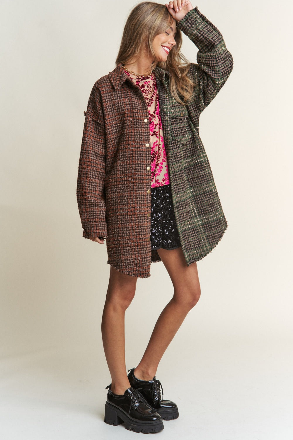 J.NNA Snap Down Tweed Plaid Contrast Longline Shacket Tops/Jackets/Sweaters Clothing Tops J.NNA Ship from USA TikTok Trendsi USPS Walmart Trendsi https://www.cyberehub.com