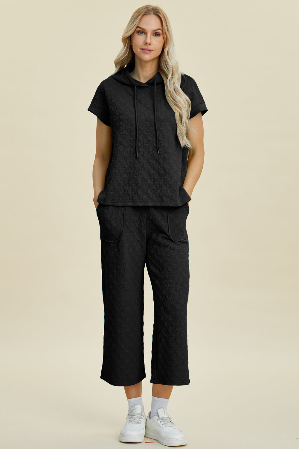 Double Take Full Size Texture Drawstring Short Sleeve Hoodie and Pocketed Pants Set Black Tops/Jackets/Sweaters Clothing Tops Double Take Ship from USA TikTok Trendsi USPS Walmart Trendsi https://www.cyberehub.com