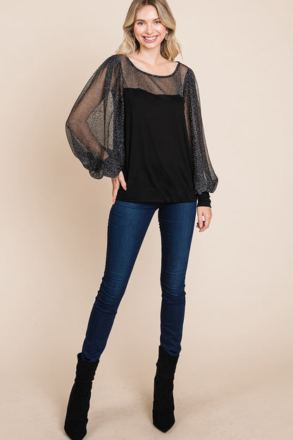 Super Lady Full Size Metallic Mesh Lantern Sleeve Blouse Apparel/Tops Ship from USA Super Lady TikTok Tops Trendsi USPS Walmart Walmart Apparel Trendsi https://www.cyberehub.com