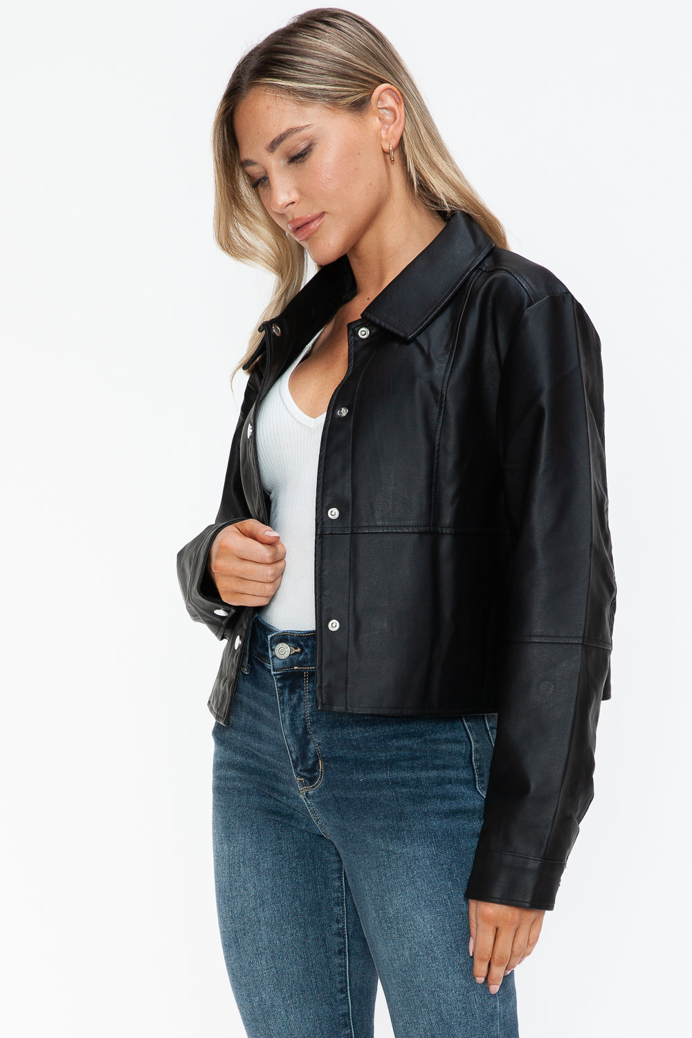 Snobbish Snap Down Long Sleeve PU Leather Jacket Tops/Jackets/Sweaters Clothing Tops Ship from USA Snobbish TikTok Trendsi USPS Walmart Trendsi https://www.cyberehub.com