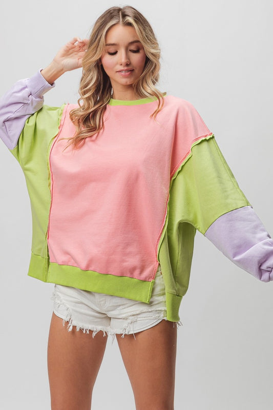 BiBi Washed Color Block Sweatshirt Pink Lime Lavender Apparel/Tops BiBi Ship from USA TikTok Tops Trendsi USPS Walmart Walmart Apparel Trendsi https://www.cyberehub.com