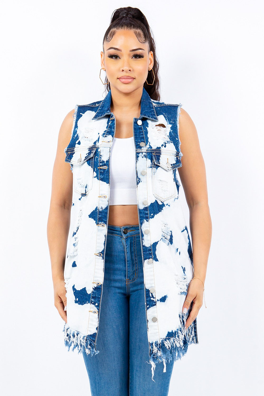 American Bazi Distressed Frayed Edge Longline Denim Vest Ice Blue Tops/Jackets/Sweaters American Bazi Clothing Tops Ship from USA TikTok Trendsi USPS Walmart Trendsi https://www.cyberehub.com