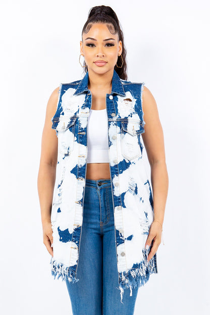 American Bazi Distressed Frayed Edge Longline Denim Vest Ice Blue Tops/Jackets/Sweaters American Bazi Clothing Tops Ship from USA TikTok Trendsi USPS Walmart Trendsi https://www.cyberehub.com