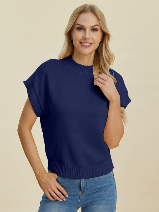 Double Take Full Size Mock Neck Short Sleeve Sweater Navy Shirt Apparel Clothing Tops Double Take Ship from USA Shirts USA Women Trendsi https://www.cyberehub.com