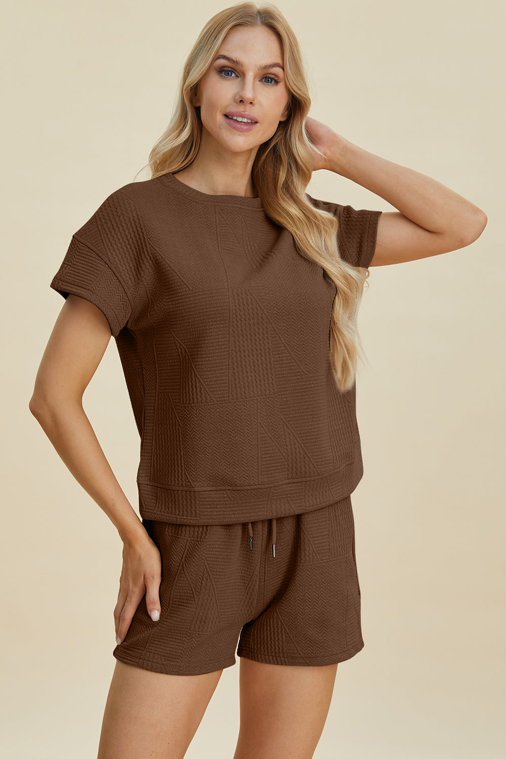 Double Take Full Size Texture Short Sleeve Top and Shorts Set Tops/Jackets/Sweaters Clothing Tops Double Take Outlets 2.20-3.30 Ship from USA TikTok Trendsi USPS Walmart Trendsi https://www.cyberehub.com