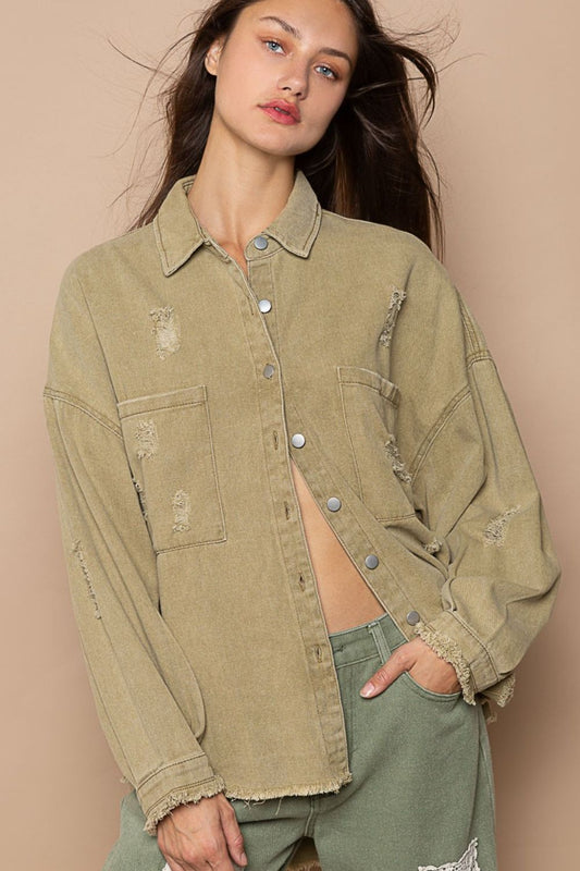 POL Button Down Raw Hem Distressed Shacket Mocha Herb Shirt Apparel Clothing Tops POL Ship from USA Shirts USA Women Trendsi https://www.cyberehub.com