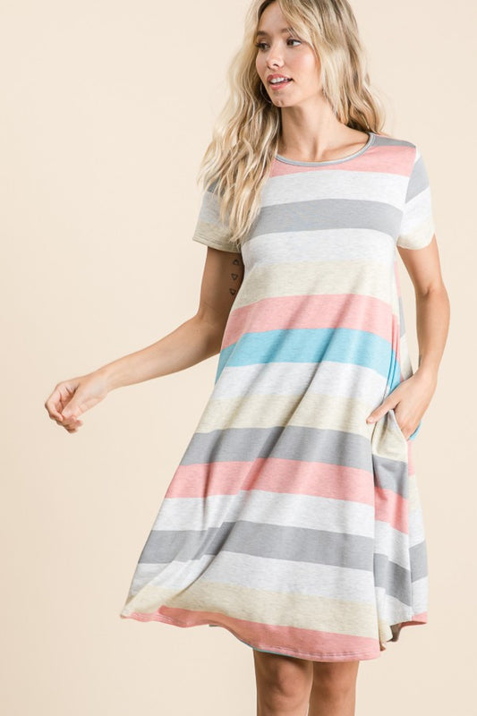 BOMBOM Striped Short Sleeve Dress with Pockets Stripe Apparel/Dress BOMBOM Dress Memorial Day Sale Ship from USA TikTok Trendsi USPS Walmart Walmart Apparel Trendsi https://www.cyberehub.com
