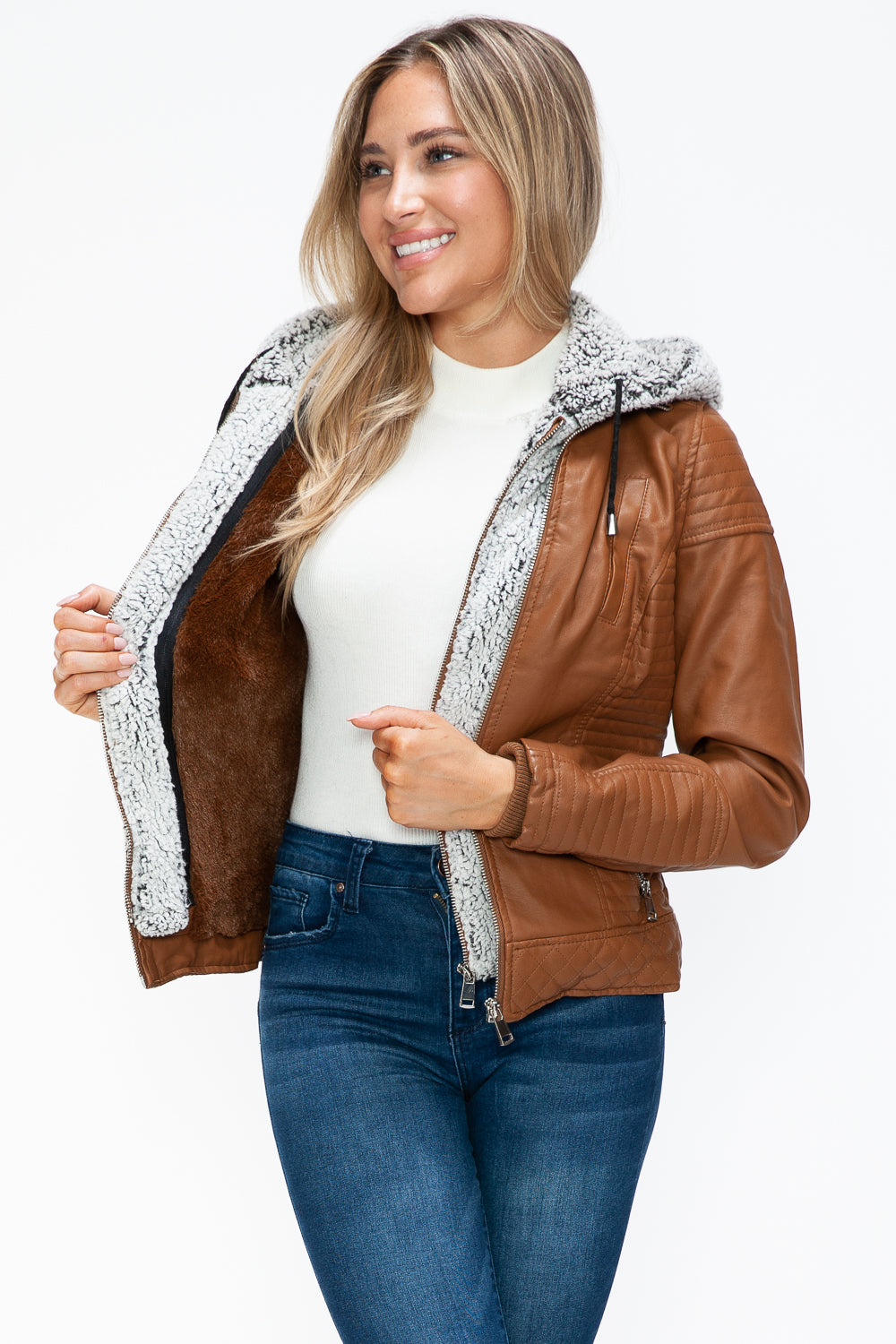 YMI Faux Layered Double-Zipper Jacket with Fuzzy Hood Tops/Jackets/Sweaters Clothing Tops Ship from USA TikTok Trendsi USPS Walmart YMI outerwear Trendsi https://www.cyberehub.com