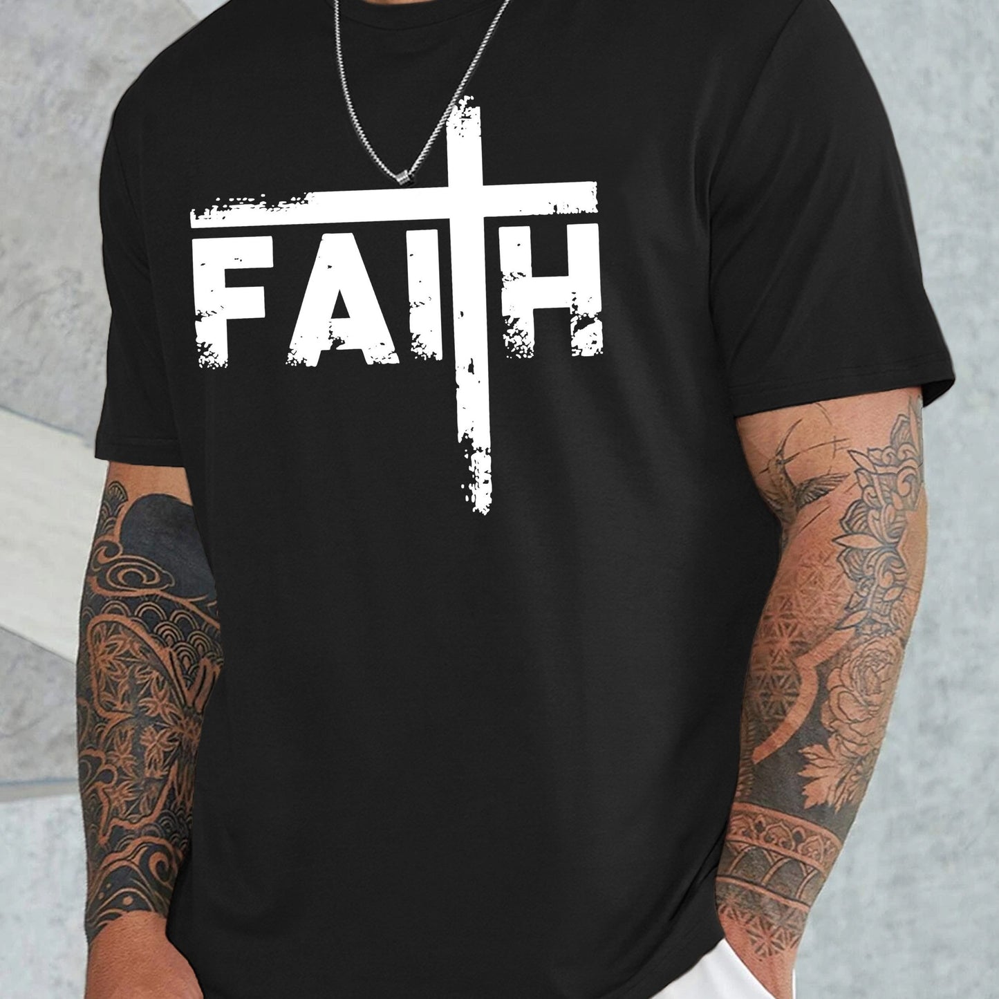 Large Men's Casual Fashion Sports T-shirt, Faith Pattern Round Neck Comfortable T-shirt Summer Clothing Blakc Apparel/Shirt/Graphic Shirt SNULLO https://www.cyberehub.com