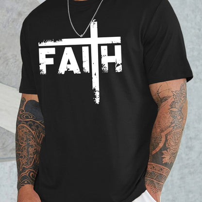 Large Men's Casual Fashion Sports T-shirt, Faith Pattern Round Neck Comfortable T-shirt Summer Clothing Blakc Apparel/Shirt/Graphic Shirt SNULLO https://www.cyberehub.com