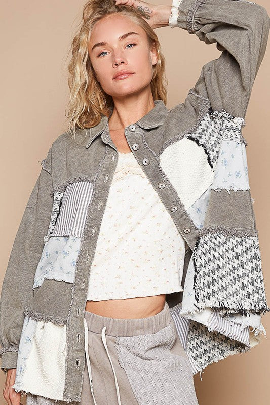 POL Raw Hem Patchwork Dropped Shoulder Jacket Apparel Apparel POL Ship from USA TikTok Trendsi Trendsi https://www.cyberehub.com