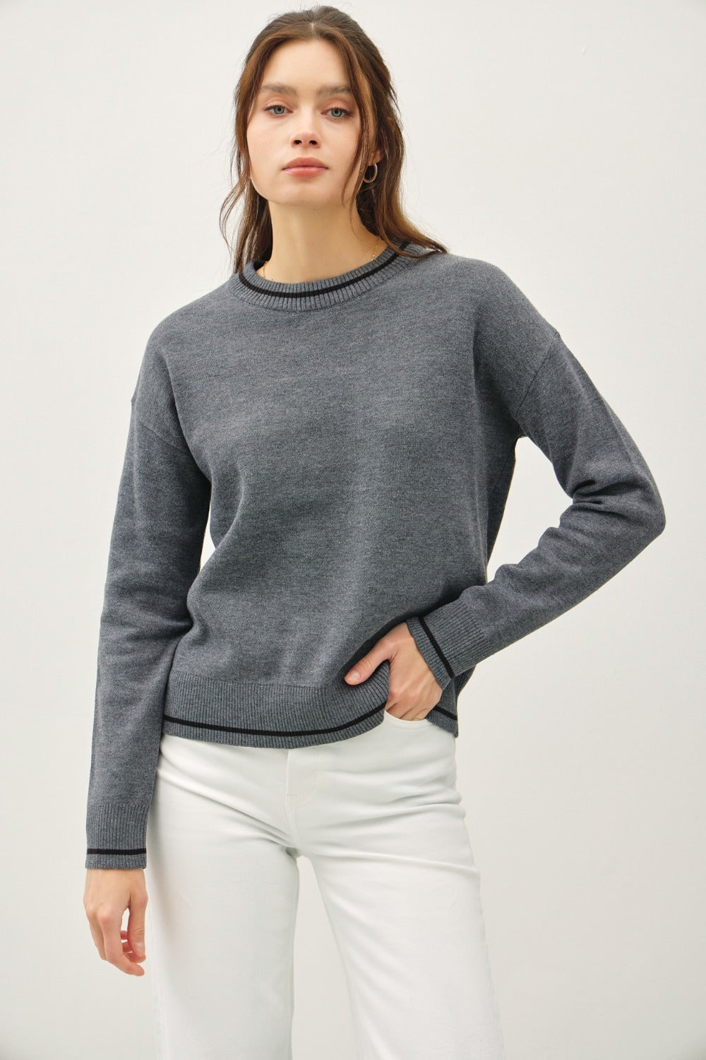 Be Cool Striped Trim Round Neck Long Sleeve Sweater Tops/Jackets/Sweaters BE COOL Clothing Tops Ship from USA TikTok Trendsi USPS Walmart Trendsi https://www.cyberehub.com