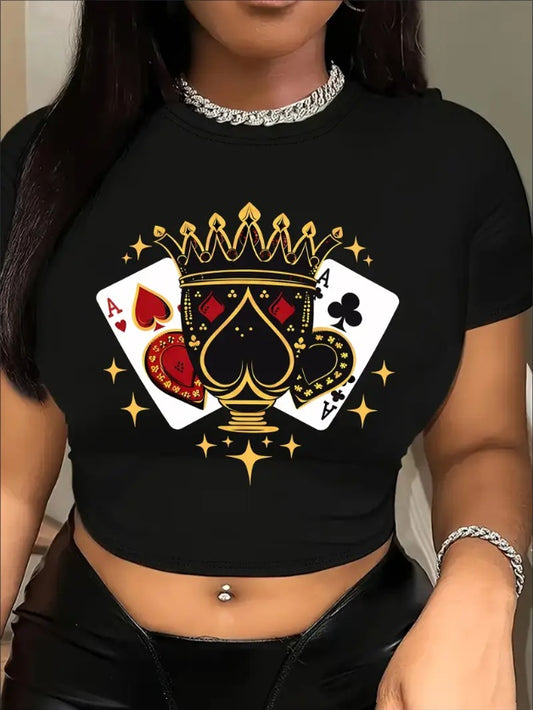 Poker Card Print Crew Neck T-Shirt, Casual Short Sleeve T-Shirt For Spring & Summer, Women's Clothing Apparel/Shirt/Graphic Shirt SNULLO https://www.cyberehub.com