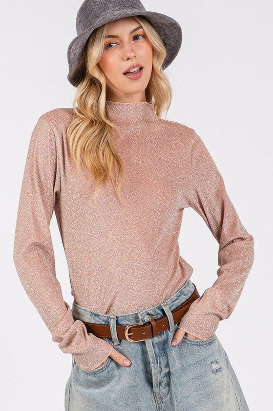 SAGE + FIG Glitter Mock Neck Lettuce Hem Long Sleeve Top Apparel Apparel SAGE+FIG Ship from USA TikTok Trendsi Trendsi https://www.cyberehub.com