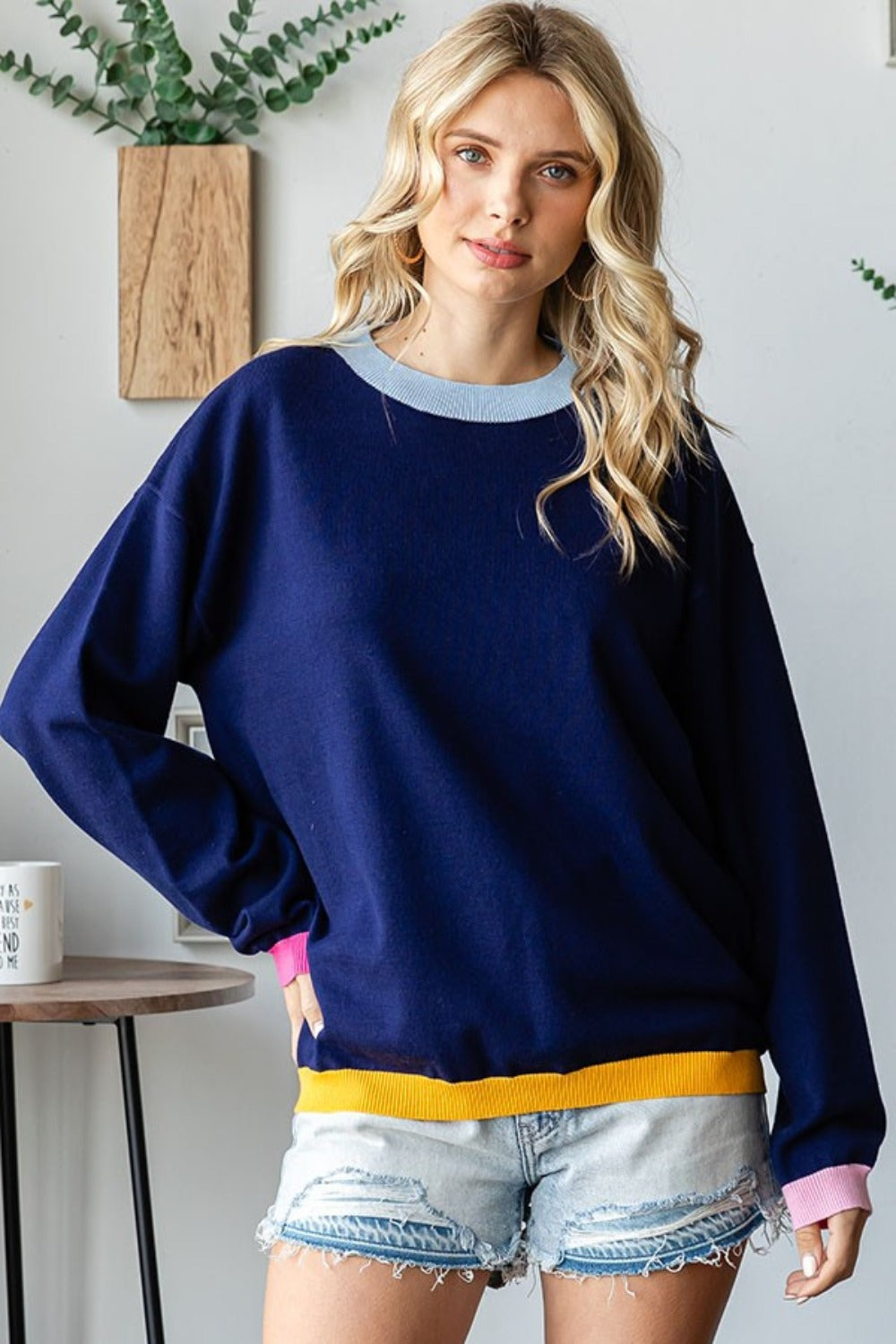 First Love Contrast Ribbed Round Neck Long Sleeve Sweater Navy Multi Shirt Apparel Clothing Tops First Love Ship from USA Shirts USA Women Trendsi https://www.cyberehub.com