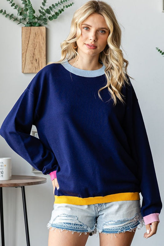 First Love Contrast Ribbed Round Neck Long Sleeve Sweater Navy Multi Shirt Apparel Clothing Tops First Love Ship from USA Shirts USA Women Trendsi https://www.cyberehub.com