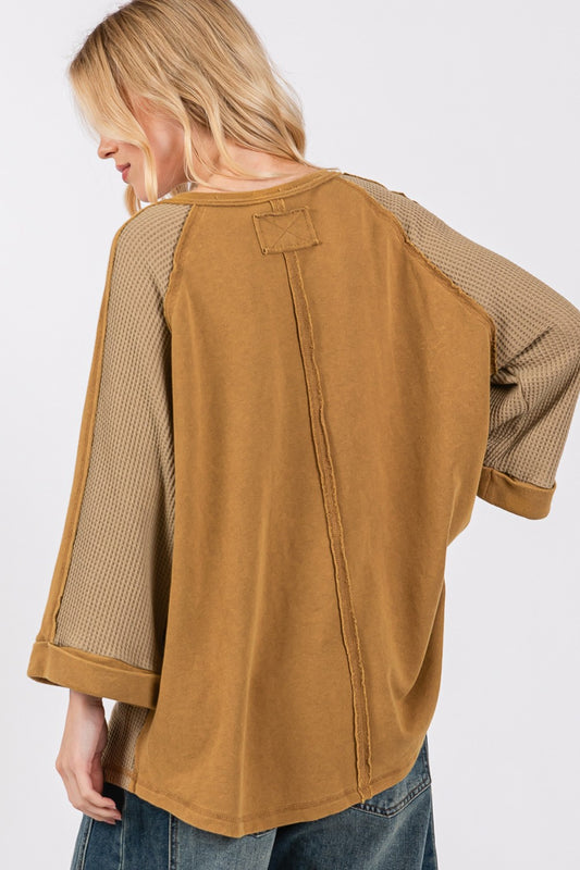 SAGE + FIG Star Applique Patch Exposed Seam Waffle Knit Top Shirt Apparel Clothing Tops SAGE+FIG Ship from USA Shirts USA Women Trendsi https://www.cyberehub.com