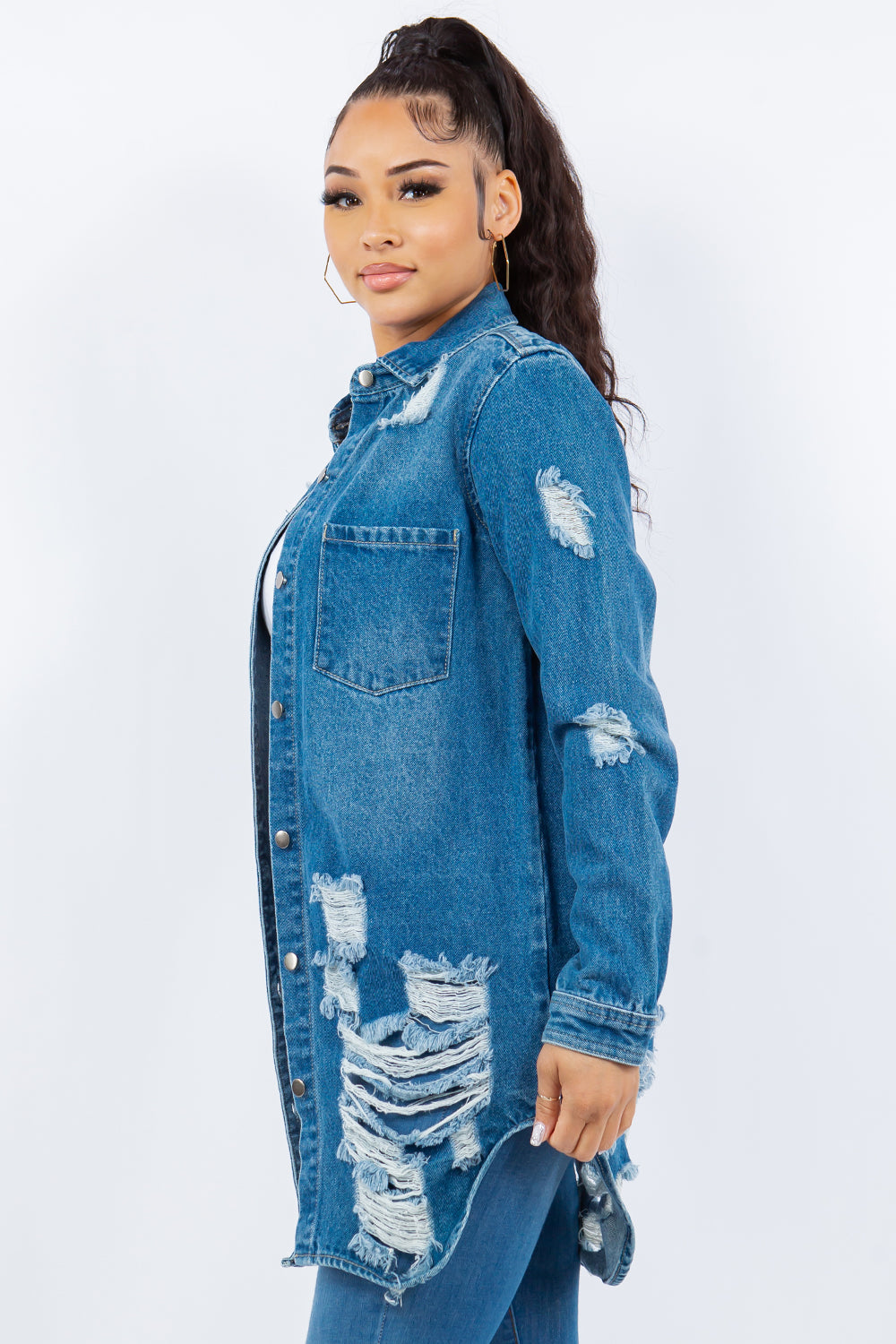 American Bazi Distressed Button Up Long Sleeve Denim Jacket Tops/Jackets/Sweaters American Bazi Clothing Tops Ship from USA TikTok Trendsi USPS Walmart Trendsi https://www.cyberehub.com