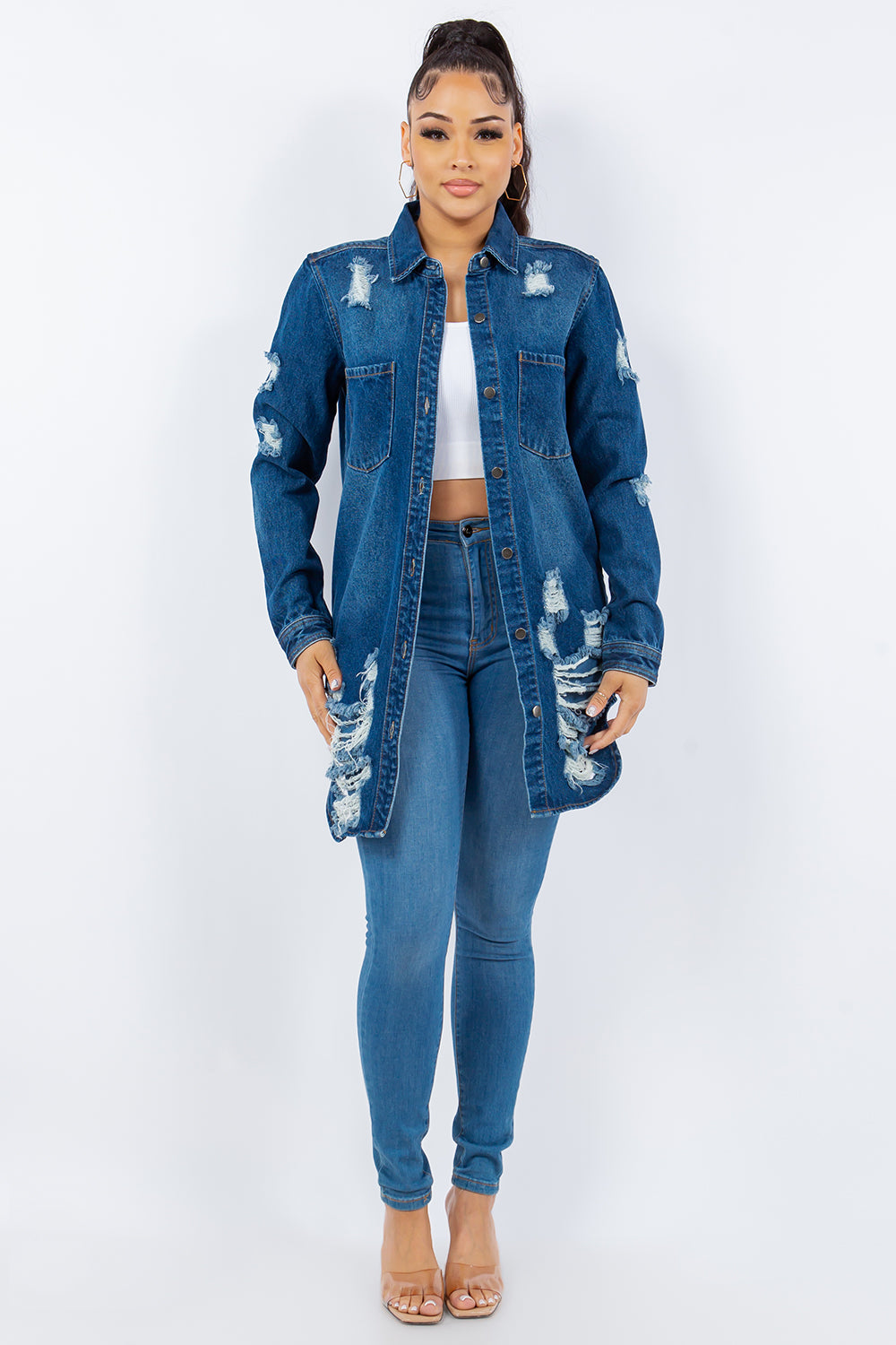 American Bazi Distressed Button Up Long Sleeve Denim Jacket Tops/Jackets/Sweaters American Bazi Clothing Tops Ship from USA TikTok Trendsi USPS Walmart Trendsi https://www.cyberehub.com