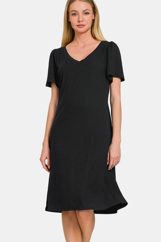 Zenana V-Neck Short Sleeve Dress Black Apparel/Dress Dress Ship from USA TikTok Trendsi USPS Walmart Walmart Apparel Zenana Trendsi https://www.cyberehub.com