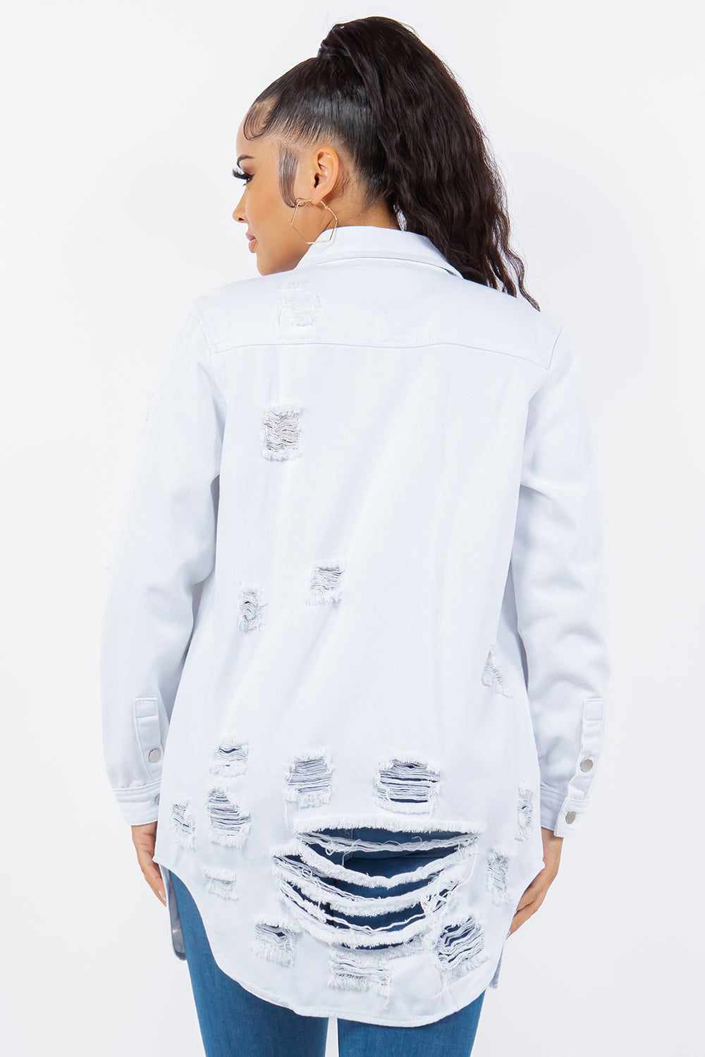 American Bazi Distressed Button Up Long Sleeve Denim Jacket Tops/Jackets/Sweaters American Bazi Clothing Tops Ship from USA TikTok Trendsi USPS Walmart Trendsi https://www.cyberehub.com