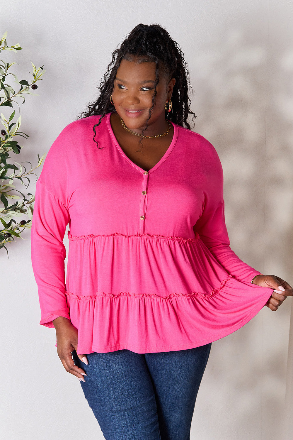 Double Take Half Button Long Sleeve Ruffle Hem Blouse Hot Pink Apparel/Tops Double Take Ship from USA TikTok Tops Trendsi USPS Walmart Walmart Apparel Trendsi https://www.cyberehub.com