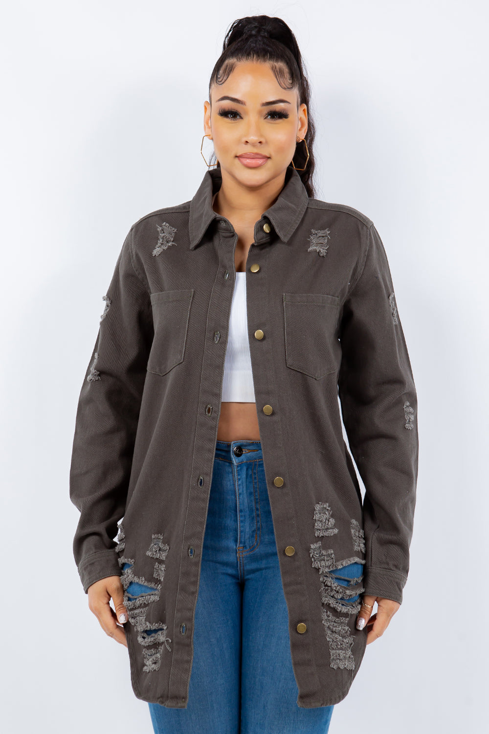 American Bazi Distressed Button Up Long Sleeve Denim Jacket Gray Tops/Jackets/Sweaters American Bazi Clothing Tops Ship from USA TikTok Trendsi USPS Walmart Trendsi https://www.cyberehub.com