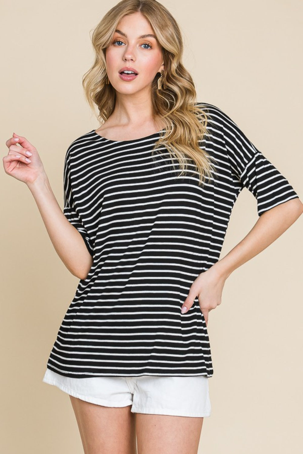 BOMBOM Striped Round Neck T-Shirt Black Apparel/Tops BOMBOM Ship from USA TikTok Tops Trendsi USPS Walmart Walmart Apparel Trendsi https://www.cyberehub.com