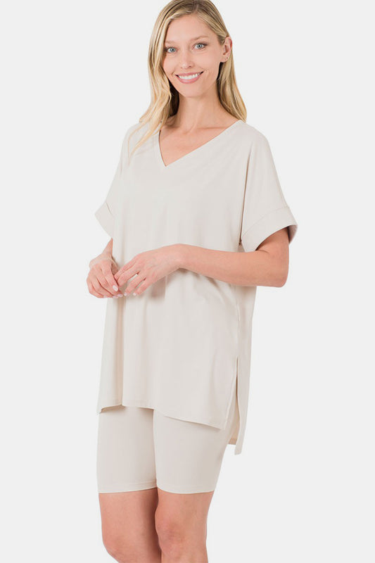 Zenana Full Size V-Neck Short Sleeve Slit T-Shirt and Shorts Set Bone Tops/Jackets/Sweaters Clothing Tops Ship from USA TikTok Trendsi USPS Walmart Zenana Trendsi https://www.cyberehub.com