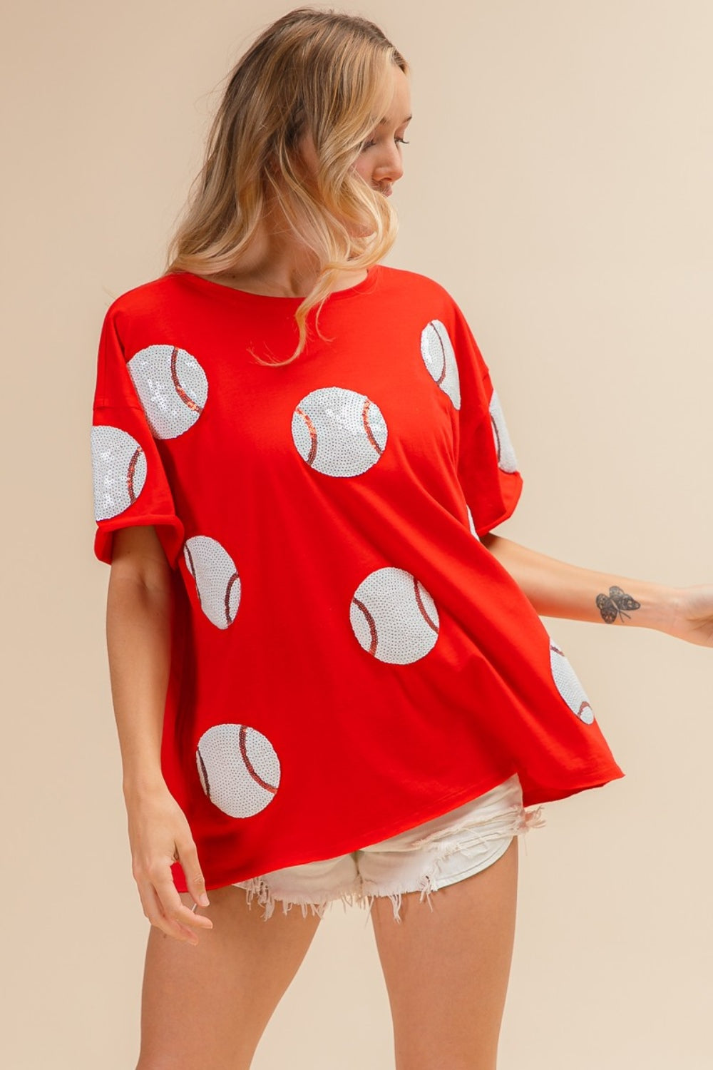 BiBi Sequin Baseball Drop Shoulder Short Sleeve T-Shirt Tops/Jackets/Sweaters BiBi Clothing Tops Ship from USA TikTok Trendsi USPS Walmart Trendsi https://www.cyberehub.com