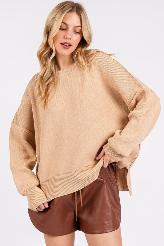 Mittoshop Side Slit Round Neck Drop Shoulder Sweater Tan Apparel Apparel Mittoshop Ship from USA TikTok Trendsi Trendsi https://www.cyberehub.com