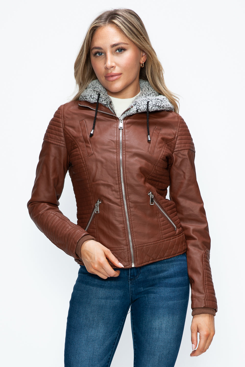 YMI Faux Layered Double-Zipper Jacket with Fuzzy Hood Tops/Jackets/Sweaters Clothing Tops Ship from USA TikTok Trendsi USPS Walmart YMI outerwear Trendsi https://www.cyberehub.com