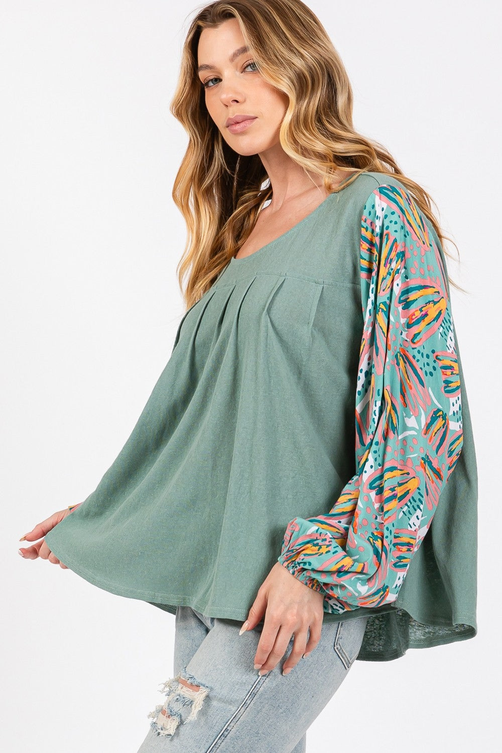 SAGE + FIG Ruched Round Neck Printed Bubble Sleeve Top Tops/Jackets/Sweaters Clothing Tops SAGE+FIG Ship from USA TikTok Trendsi USPS Walmart Trendsi https://www.cyberehub.com