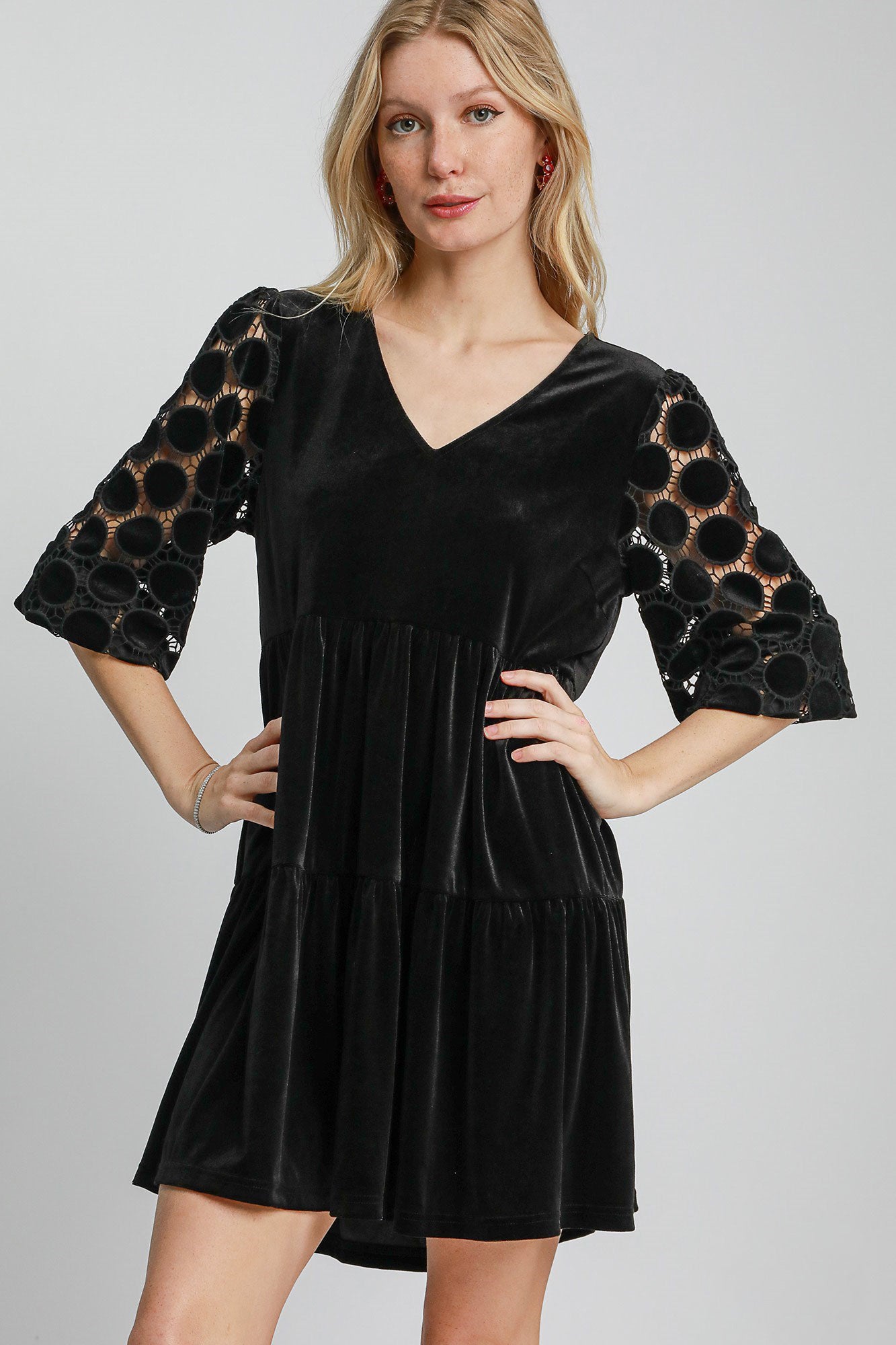 Umgee Dotted Lace Sleeve Tiered Velvet Mini Dress Black Apparel Apparel Ship from USA TikTok Trendsi Umgee USA Trendsi https://www.cyberehub.com