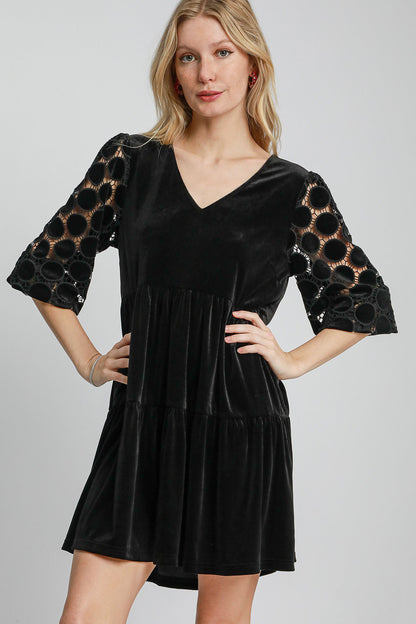 Umgee Dotted Lace Sleeve Tiered Velvet Mini Dress Black Apparel Apparel Ship from USA TikTok Trendsi Umgee USA Trendsi https://www.cyberehub.com