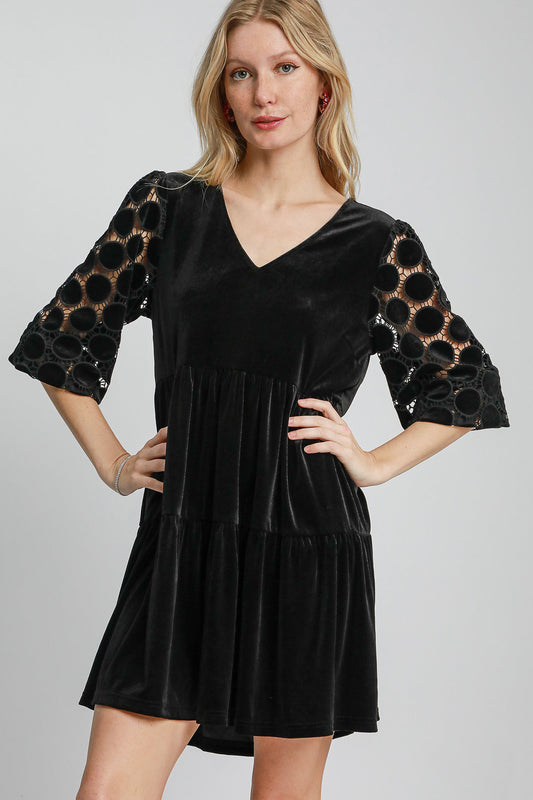 Umgee Dotted Lace Sleeve Tiered Velvet Mini Dress Black Apparel Apparel Ship from USA TikTok Trendsi Umgee USA Trendsi https://www.cyberehub.com