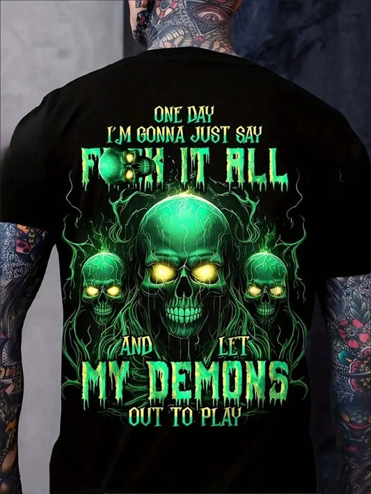 Spooky My Demons Graphic Skull Print Crew Neck Short Sleeve T-shirt - Comfy Polyester Relaxed Fit Tee With Contrast Collar And Slight Stretch For Mens Casual Summer Vacation And Daily Wear Apparel/Shirt/Graphic Shirt SNULLO https://www.cyberehub.com