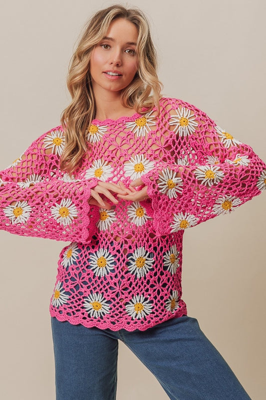 BiBi Floral Crochet Net Lace Cover Up Fuchsia Shirt Apparel BiBi Clothing Tops Ship from USA Shirts USA Women Trendsi https://www.cyberehub.com