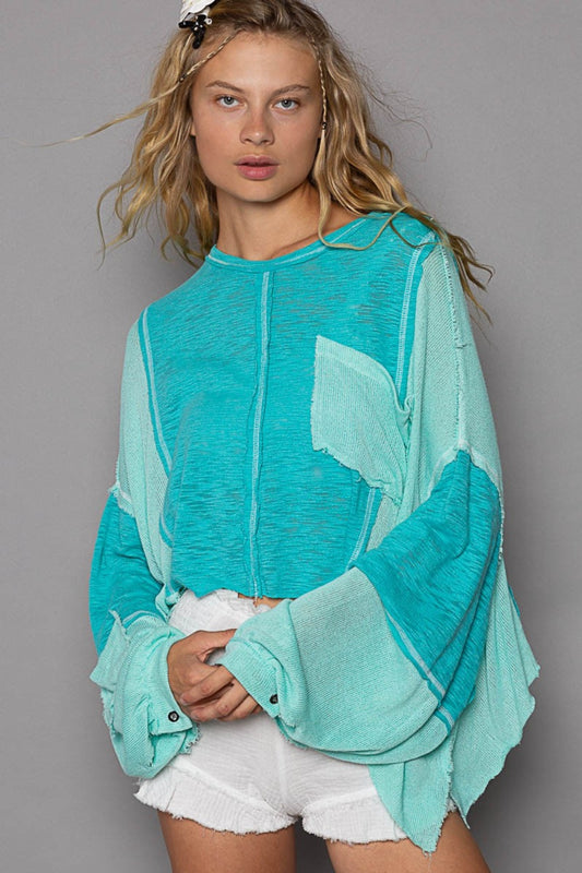 POL Round Neck Contrast High-Low Top Aqua Tops/Jackets/Sweaters Clothing Tops POL Ship from USA TikTok Trendsi USPS Walmart Trendsi https://www.cyberehub.com