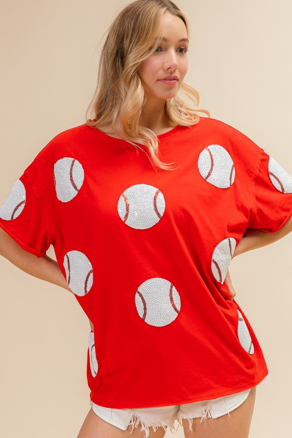 BiBi Sequin Baseball Drop Shoulder Short Sleeve T-Shirt Tops/Jackets/Sweaters BiBi Clothing Tops Ship from USA TikTok Trendsi USPS Walmart Trendsi https://www.cyberehub.com