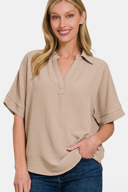 Zenana Texture Collared Neck Short Sleeve Top Ash Mocha Apparel/Tops Ship from USA TikTok Tops Trendsi USPS Walmart Walmart Apparel Zenana Trendsi https://www.cyberehub.com