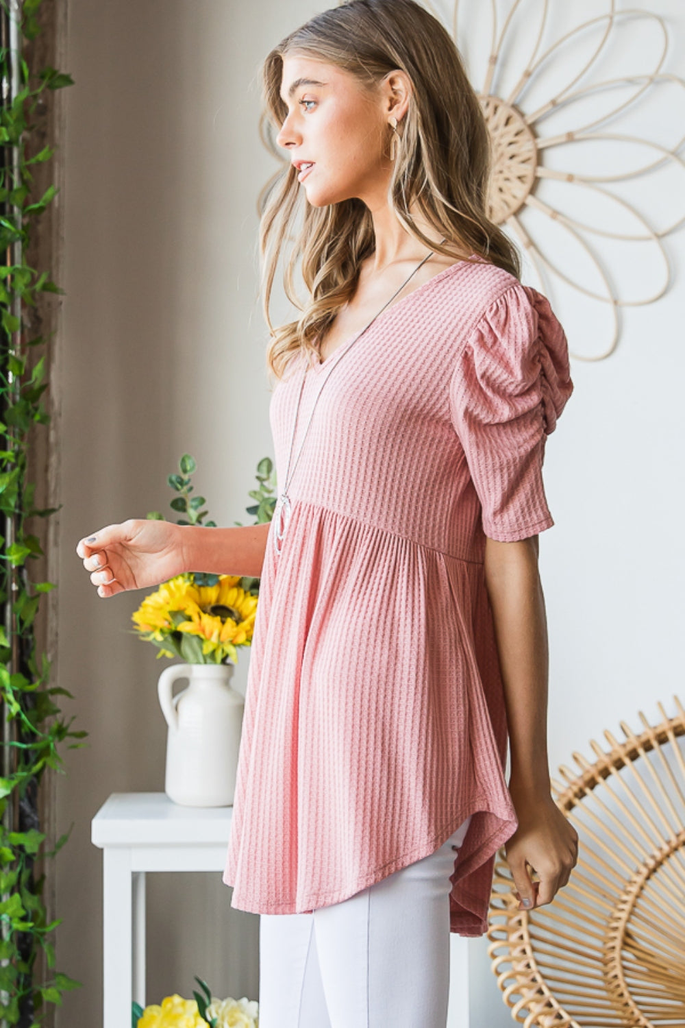 Heimish Full Size Waffle Knit V-Neck Babydoll Top Apparel/Tops Heimish Ship from USA TikTok Tops Trendsi USPS Walmart Walmart Apparel Trendsi https://www.cyberehub.com