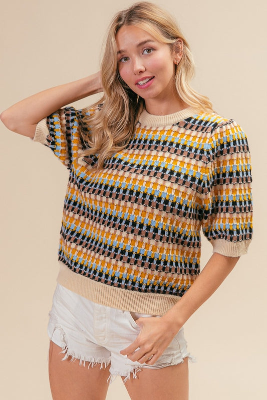 BiBi Multi Color Half Sleeve Sweater Latte Taupe Black Shirt Apparel BiBi Clothing Tops Ship from USA Shirts USA Women Trendsi https://www.cyberehub.com