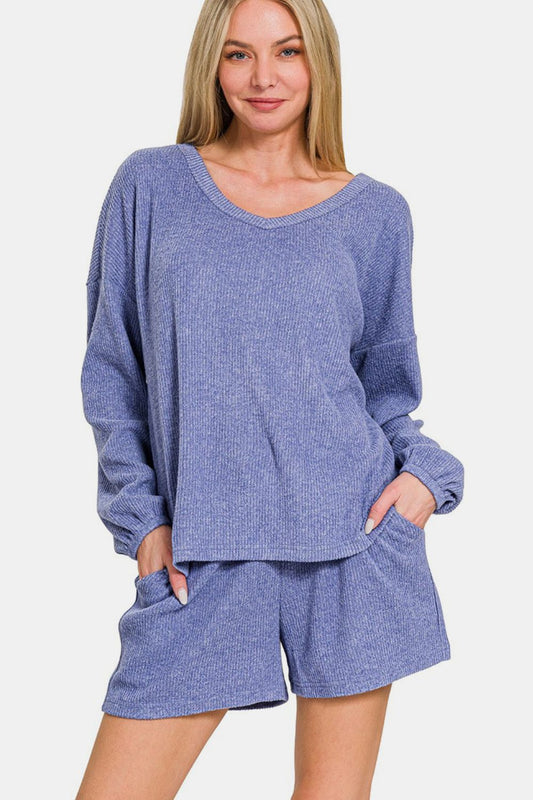 Zenana V-Neck Long Sleeve Ribbed Top and Shorts Set Blue Purple Apparel/Tops Ship from USA TikTok Tops Trendsi USPS Walmart Walmart Apparel Zenana Trendsi https://www.cyberehub.com