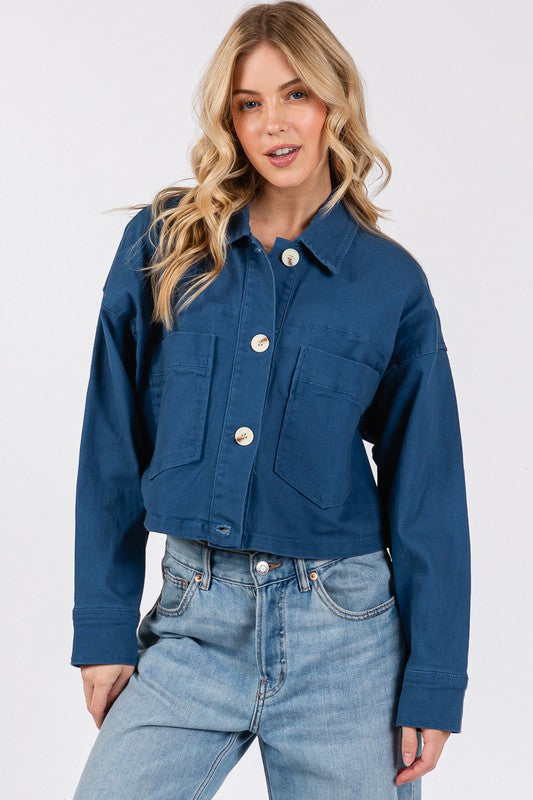 bytos Button Down Cropped Denim Jacket with Patch Pockets Peacock Blue Apparel Apparel bytos Ship from USA TikTok Trendsi Trendsi https://www.cyberehub.com
