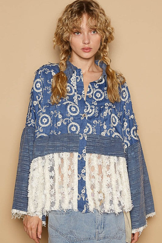 POL Lace Hem Embroidered Long Sleeve Shirt Peacock Blue Apparel Apparel POL Ship from USA TikTok Trendsi Trendsi https://www.cyberehub.com