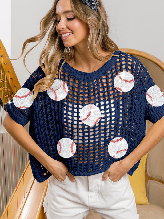 BiBi Baseball Patch Short Sleeve Net Cover-Up Deep Navy Shirt Apparel BiBi Clothing Tops Ship from USA Shirts USA Women Trendsi https://www.cyberehub.com