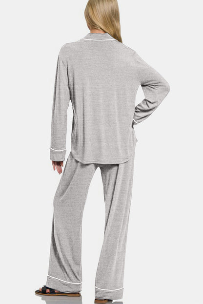 Zenana Button Down Long Sleeve Top and Pants Lounge Set Apparel Apparel Ship from USA TikTok Trendsi Zenana Trendsi https://www.cyberehub.com